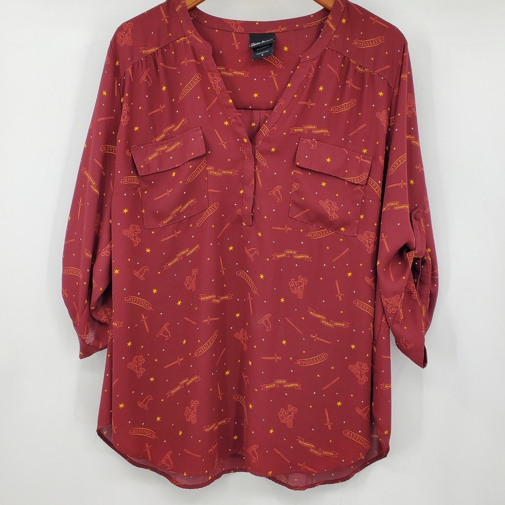 Torrid Harry Potter Gryffindor House Roll Sleeve Blouse Burgundy Red Shirt Top 3